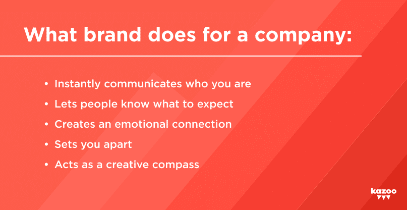 Kazoo Creative Designer Claire Glover's summary of what brand does for a company -- brand communicates who you are, lets people know what to expect, creates an emotional connection, sets you apart, and provides a creative compass