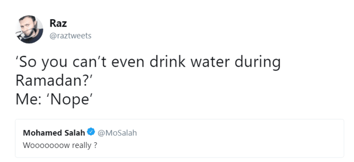 Screenshot of a tweet about not drinking water during Ramadan