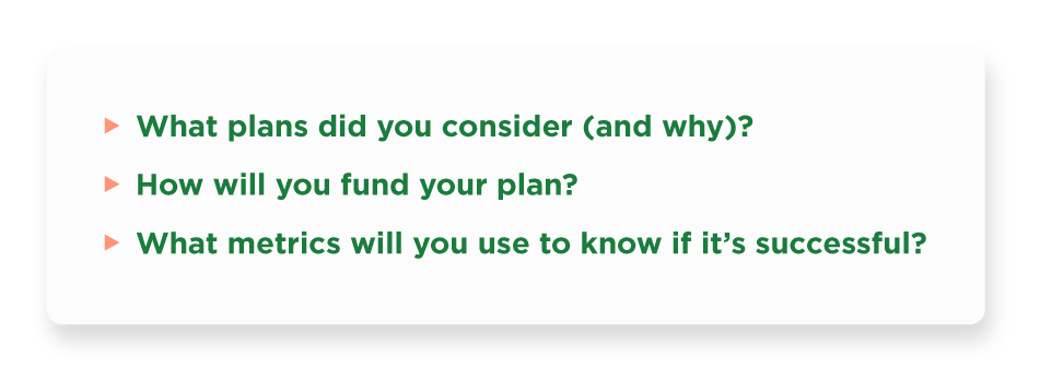 Kazoo's Employee Recognition & Rewards Buyer's Guide Question bullets -- asking which plans did you consider and why, how did you fund your plan, and which metrics will you use to know it's a success?