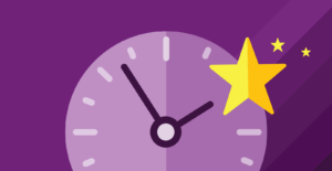 Image for Why Service Awards Need Real-Time REcognition to Work -- purple clok with ellow star on purple background